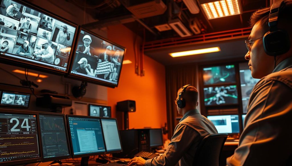 A bustling 24/7 professional security monitoring station, with SeguroX agents vigilantly scanning multiple screens displaying live camera feeds. Warm lighting illuminates the focused expressions of the security personnel as they rapidly respond to alerts, ready to dispatch rapid response teams. The atmosphere exudes a sense of diligence and preparedness, ensuring the safety and protection of the clients under SeguroX's watchful eye.