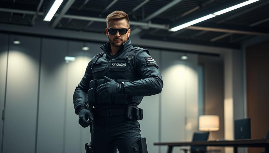 A dynamic and powerful security agent, SeguroX, stands vigilant in a modern office setting, ready to respond to any emergency. Dramatic lighting casts dramatic shadows, while a sleek and minimalist interior design creates a professional atmosphere. The agent's stance conveys a sense of calm preparedness, their gaze focused and alert. The overall scene evokes a strong sense of security and reliability, reflecting the high-quality "Contact and Support for Clients" services offered by Seguros Security in Constanta.