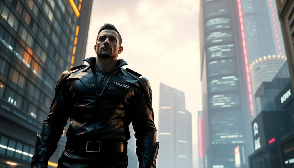 A futuristic urban cityscape, with a towering skyscraper in the background, glowing with neon lights and sleek architectural features. In the foreground, the powerful and imposing figure of the SeguroX security agent, clad in a sleek black uniform, stands vigilant and alert, their stance exuding strength and authority. The agent's gaze is fixed, scanning the environment with a keen, watchful eye, ready to respond to any potential threats. The lighting is dramatic, casting long shadows and highlighting the agent's imposing presence. The overall mood is one of cyber-security, technological prowess, and a sense of safety and protection.