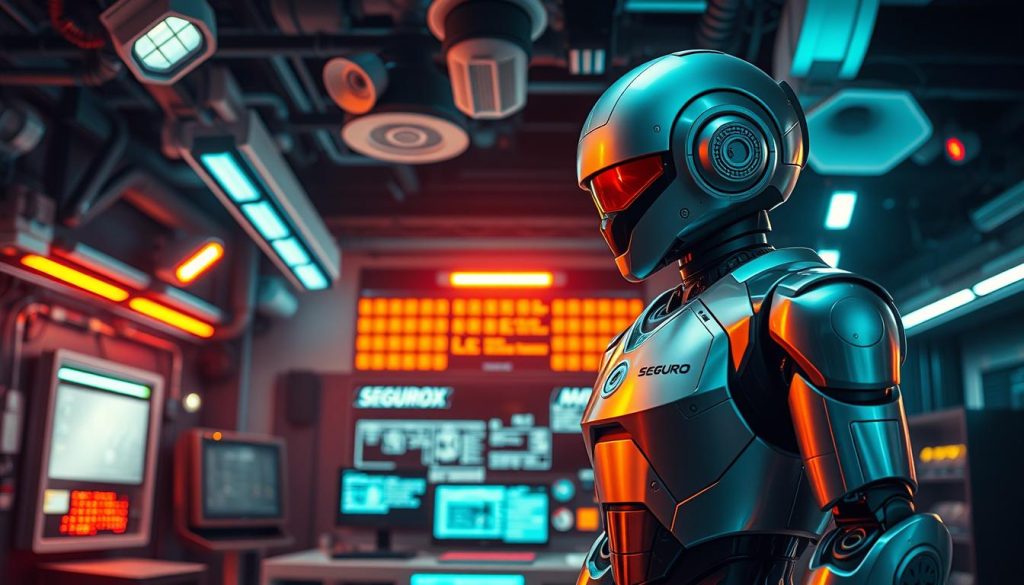 A high-tech security system with advanced surveillance cameras, infrared sensors, and motion detectors. In the foreground, a sleek and powerful SeguroX security robot, its metallic body gleaming under the bright floodlights. The robot's sensors scan the environment, ready to respond to any potential threats. In the background, a futuristic control center with holographic displays and cutting-edge monitoring equipment. The scene exudes a sense of strength, efficiency, and unwavering vigilance, perfectly capturing the essence of "Tehnologie securitate avansată".