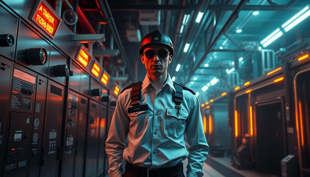 A high-tech security system with sleek metal panels and flashing LED indicators. In the foreground, the powerful SeguroX security agent stands vigilant, clad in a crisp uniform and equipped with advanced surveillance gear. The middle ground showcases a network of networked cameras, sensors, and control interfaces, creating a layered defense. The background is a shadowy, industrial environment with ominous machinery and dimly lit walkways, enhancing the sense of security and protection. The lighting is dramatic, with warm accent lighting highlighting the technology and cool tones creating an air of professionalism and authority. The overall mood is one of sophisticated, cutting-edge security solutions.
