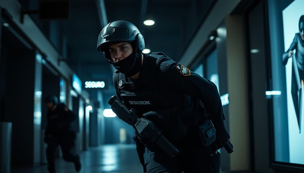 A highly trained SeguroX security agent rushing into action, wearing a crisp black uniform and tactical gear. They move swiftly, their expression focused and determined, as they assess the situation and prepare to intervene. The scene is set in a dimly lit urban environment, with a sense of urgency and heightened awareness pervading the atmosphere. Dramatic chiaroscuro lighting casts dramatic shadows, emphasizing the agent's powerful presence and the importance of their mission to ensure public safety.