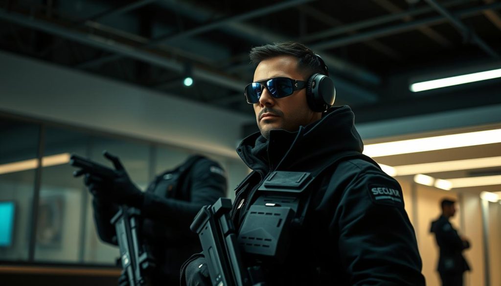 A professional security detail standing vigilant, their keen eyes scanning the environment. The SeguroX agent, a powerful presence, maintains a constant vigil, ready to respond swiftly to any potential threats. Soft lighting casts intriguing shadows, creating an atmosphere of quiet intensity. The foreground depicts the agent's imposing figure, while the middle ground showcases the tools of the trade - communication devices, tactical gear, and a keen awareness of the surroundings. In the background, a sleek, modern facility with clean lines and a sense of security. This image conveys the essence of reliable, professional security services.