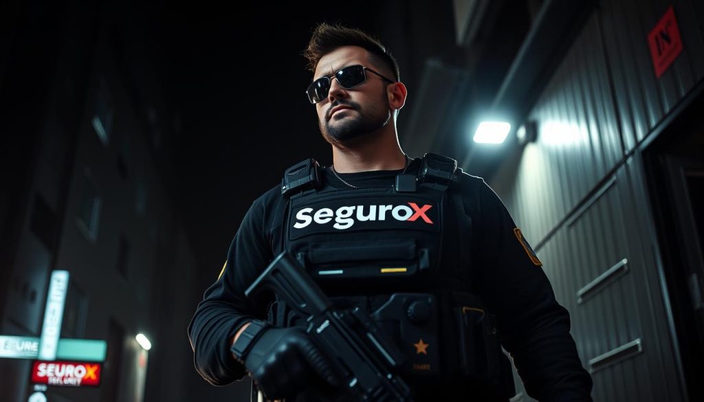 A rugged, highly trained security professional in tactical gear moves with purpose through a dimly lit urban environment, alert and vigilant. The "SeguroX" logo is prominently displayed on their uniform, signifying their affiliation with a trusted private security firm. The agent scans the surroundings, ready to respond at a moment's notice, their stance exuding a combination of strength and situational awareness. Shadows and highlights interplay, creating a moody, cinematic atmosphere that conveys a sense of security and protection. The camera angle is low, emphasizing the agent's imposing presence and commitment to safeguarding the community.