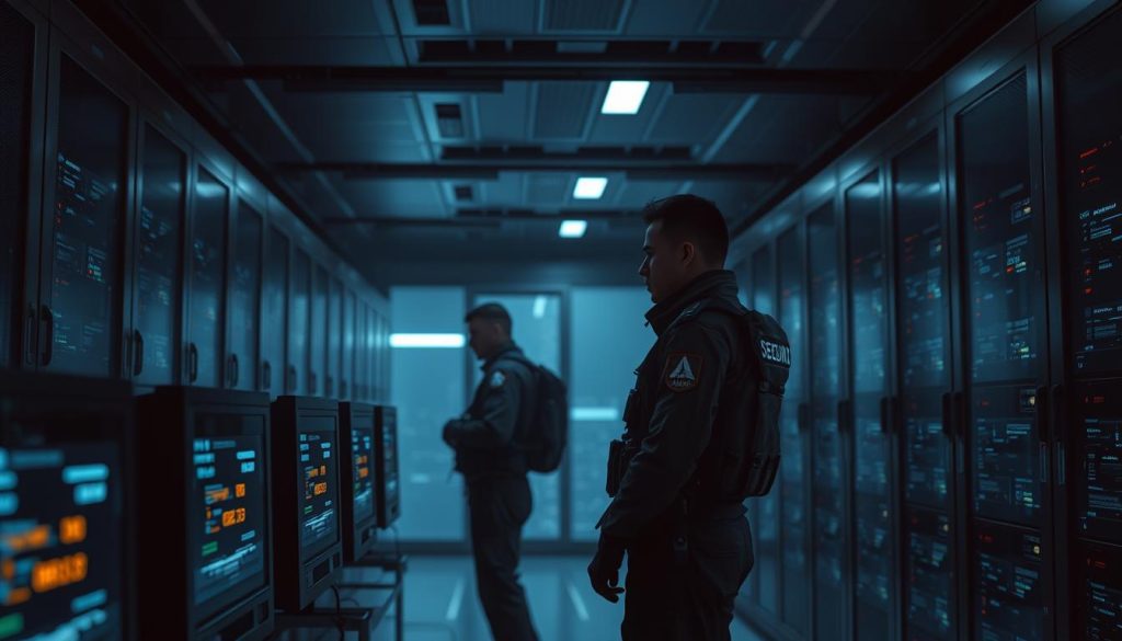 A secure database room, with SeguroX security agents diligently monitoring the servers. Dim lighting casts shadows, creating an atmosphere of vigilance. The agents, clad in tactical gear, stand at the ready, their gaze unwavering. In the foreground, rows of blinking monitors display real-time data, while the background is dominated by a sleek, modern design with clean lines and a minimalist aesthetic. The overall scene conveys a sense of authority, control, and the importance of safeguarding sensitive information.
