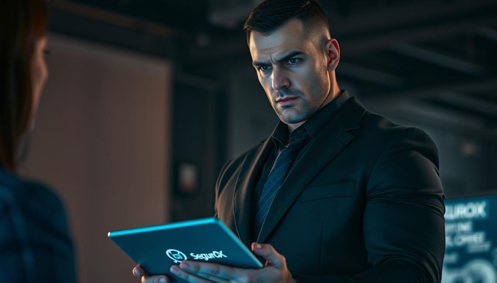 A stern-faced, muscular security consultant in a dark suit, holding a tablet and speaking intently to a client. The lighting is low and dramatic, creating a sense of professionalism and authority. The background is blurred, focusing attention on the consultant's intense gaze and confident posture. The SeguroX logo is prominently displayed on the tablet, showcasing the brand's expertise in security solutions.