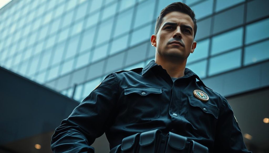 A strong, imposing figure in a crisp dark uniform, the SeguroX security agent stands vigilant, their piercing gaze scanning the environment. Meticulously tailored details, from the gleaming badge to the sturdy utility belt, convey a sense of professionalism and competence. The agent's posture is erect, exuding an aura of authority and protection. In the background, a sleek, modern building serves as the backdrop, hinting at the range of personalized security services offered. Soft, directional lighting casts dramatic shadows, emphasizing the agent's resolute presence and the importance of their role in safeguarding the premises. This is a scene of tailored, comprehensive security solutions, designed to meet the unique needs of the client.