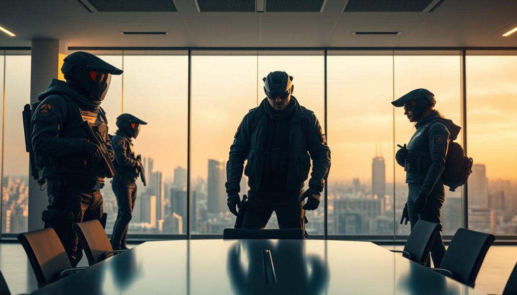A well-equipped and highly-trained security team from SeguroX, standing tall in a modern, minimalist office space. Warm, diffused lighting highlights their confident postures and sharp attentiveness. In the foreground, two agents communicate discreetly, planning their next strategic move. The middle ground features a large, sleek conference table, symbolizing the collaborative nature of their work. In the background, floor-to-ceiling windows offer a panoramic view of the city skyline, a testament to the professionalism and capabilities of SeguroX's security experts.