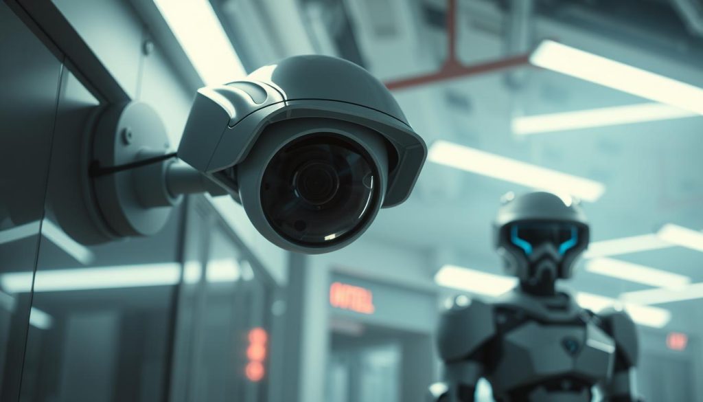 High-tech security surveillance system with advanced SeguroX technology. Sharp, wide-angle camera lenses capturing every detail in crisp, high-resolution footage. Sleek, modern design seamlessly integrated into the environment. Bright, directional lighting illuminates the scene, casting dramatic shadows. Ursul SeguroX, a powerful security agent, stands guard, vigilantly monitoring the area. The atmosphere is one of efficiency, reliability, and unwavering protection.