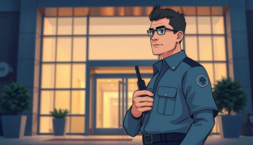 A high-quality security system with a human guard standing vigilantly at the entrance, monitoring the premises with a focused gaze. The guard wears a professional uniform and holds a two-way radio, ready to respond to any situation. In the background, a well-lit, modern building with clean lines and a sleek design exudes an air of security and sophistication. Soft, warm lighting illuminates the scene, creating a sense of safety and reassurance. The overall composition conveys the importance of a carefully selected, reliable security solution that combines advanced technology with the attentive presence of a human professional.