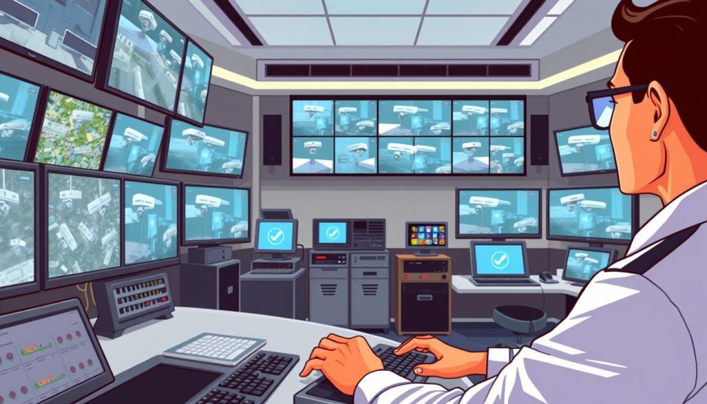 A modern high-tech security control room, with rows of computer monitors displaying real-time video feeds from surveillance cameras. In the foreground, a security guard in a crisp uniform closely observes the screens, fingers poised over a keyboard, ready to respond to any security breaches. The middle ground features state-of-the-art security equipment like access control panels, alarm systems, and network servers. The background showcases a sleek, minimalist interior design with clean lines and subtle lighting, creating a sense of efficiency and professionalism. The overall atmosphere conveys a heightened sense of vigilance and the utmost attention to detail in safeguarding the home.