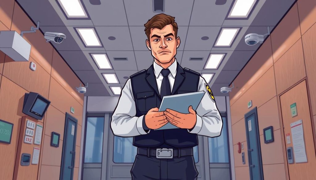 A professional security guard standing at the entrance of a high-security building, inspecting a clipboard with a serious expression. In the background, various security measures are visible, such as surveillance cameras, motion detectors, and access control panels. The lighting is bright and uniform, highlighting the attention to detail and professionalism of the security services. The overall atmosphere conveys a sense of safety, reliability, and attention to cost-effective solutions for the client's needs.