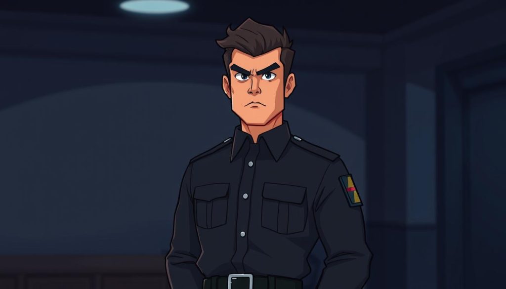 A security agent standing vigilantly in a dimly lit room, wearing a crisp black uniform and a stern expression. Their posture is alert, shoulders squared, eyes scanning the environment with a keen gaze. The lighting is low and moody, casting dramatic shadows that accentuate the agent's features and convey a sense of authority and professionalism. The background is intentionally blurred, keeping the focus on the agent as the central figure. The overall atmosphere is one of quiet confidence and attention to detail, reflecting the qualities a discerning client would seek in a security professional.