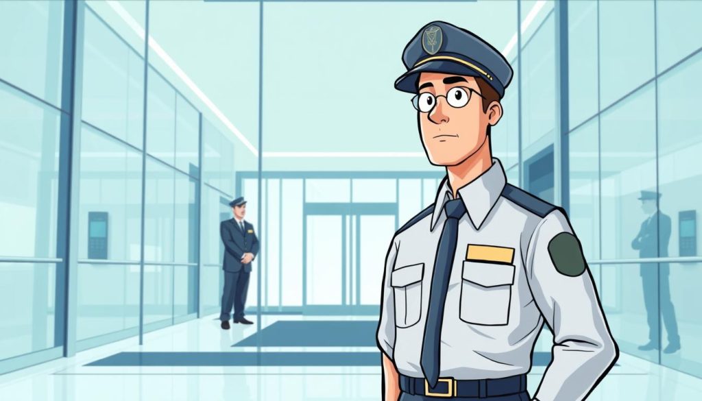 A security guard standing vigilantly at the entrance of a high-end corporate office building, dressed in a crisp uniform and projecting an air of professionalism. In the background, a sleek, modern lobby with glass walls and gleaming chrome accents, hinting at the additional security services provided, such as surveillance cameras, access control systems, and discreet security personnel. The lighting is bright and even, creating a sense of safety and security. The overall mood is one of reassurance and confidence, reflecting the expertise and capabilities of the security team.