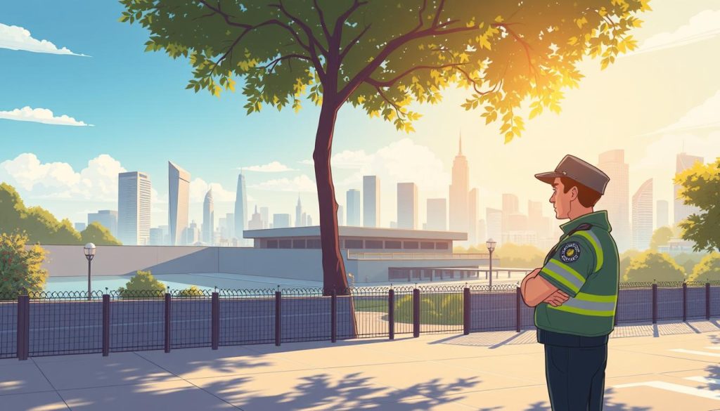 A serene, sun-dappled scene depicting the advantages of human security. In the foreground, a vigilant security guard stands at attention, their keen eyes scanning the perimeter. The middle ground features a well-secured facility, its walls and fences suggesting a robust physical presence. In the background, a modern cityscape with gleaming skyscrapers and bustling activity, hinting at the need for the human element in safeguarding people and assets. Soft, warm lighting illuminates the scene, creating a sense of safety and reassurance. The overall mood conveys the irreplaceable value of human intuition, adaptability, and presence in providing effective security solutions.