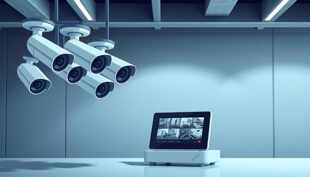 A sleek and modern security monitoring system set against a minimalist backdrop. In the foreground, a array of high-definition surveillance cameras mounted on a clean, steel housing. In the middle ground, a compact control panel with a digital display showing live camera feeds and system status. The background features a cool-toned industrial setting with exposed concrete walls and subtle ambient lighting, conveying a sense of technological sophistication and security. The overall scene projects an atmosphere of advanced, discreet protection - a testament to the power of integrated security technology.