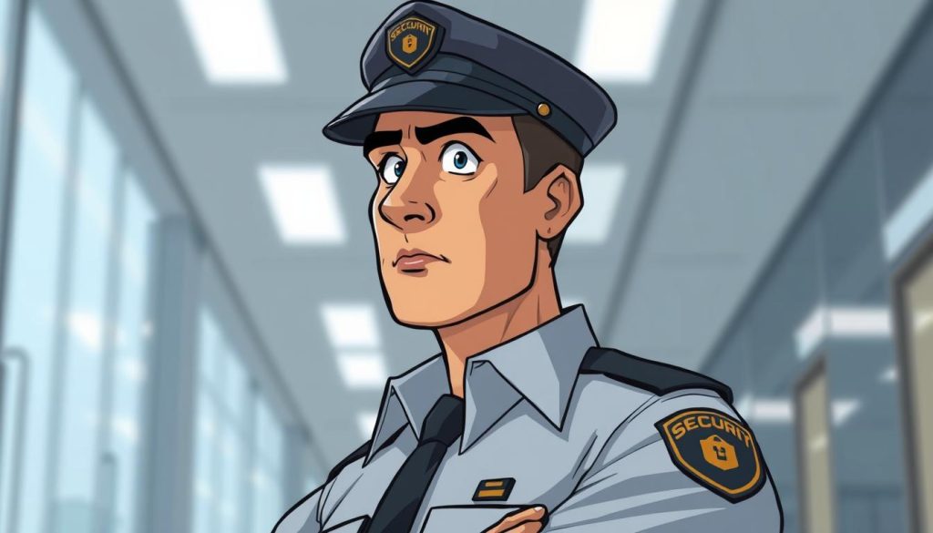 A uniformed security guard stands vigilantly, their gaze scanning the surroundings with a keen eye. The agent's posture is upright and alert, conveying a sense of professionalism and readiness to respond to any situation. The agent's face is partially obscured, but the determined expression is evident, suggesting years of training and experience. The lighting is soft and diffuse, creating an atmosphere of calm authority. The agent is positioned in the center of the frame, with a blurred background of a corporate office or commercial setting, emphasizing the agent's role as a guardian of security and order.