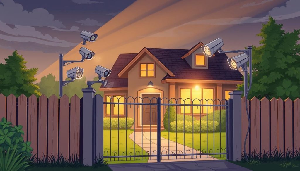 A well-equipped security system for a residential property, featuring a sturdy perimeter fence, multiple surveillance cameras strategically positioned, and motion-activated flood lights illuminating the area. The system is designed with both deterrence and detection in mind, creating a layered defense against potential intruders. The lighting casts a warm, amber glow across the scene, setting a tone of vigilance and security. The camera lenses are sharp and focused, capturing every detail with high-resolution clarity. The overall composition conveys a sense of comprehensive protection, where each element seamlessly works together to safeguard the homeowner's peace of mind.