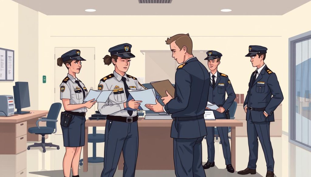 A well-lit and meticulously composed scene of security personnel evaluating and discussing documents, uniforms, and equipment. The agents are positioned in the foreground, dressed in crisp, tailored uniforms and standing with a confident, professional demeanor. In the middle ground, a desk with a desktop computer, files, and security equipment creates a sense of an organized, efficient workspace. The background features a minimalist, yet sophisticated office setting with clean lines, neutral tones, and subtle details that convey a sense of security and authority. Soft, directional lighting illuminates the scene, casting subtle shadows and highlighting the agents' attentive expressions as they carefully review the materials before them.